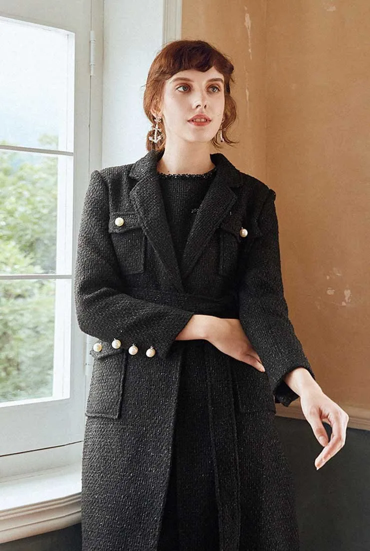 Classic Mid-length Tweed Black Coat