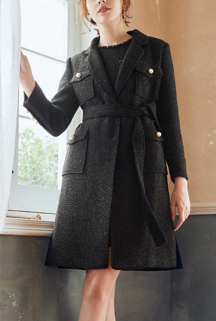 Classic Mid-length Tweed Black Coat