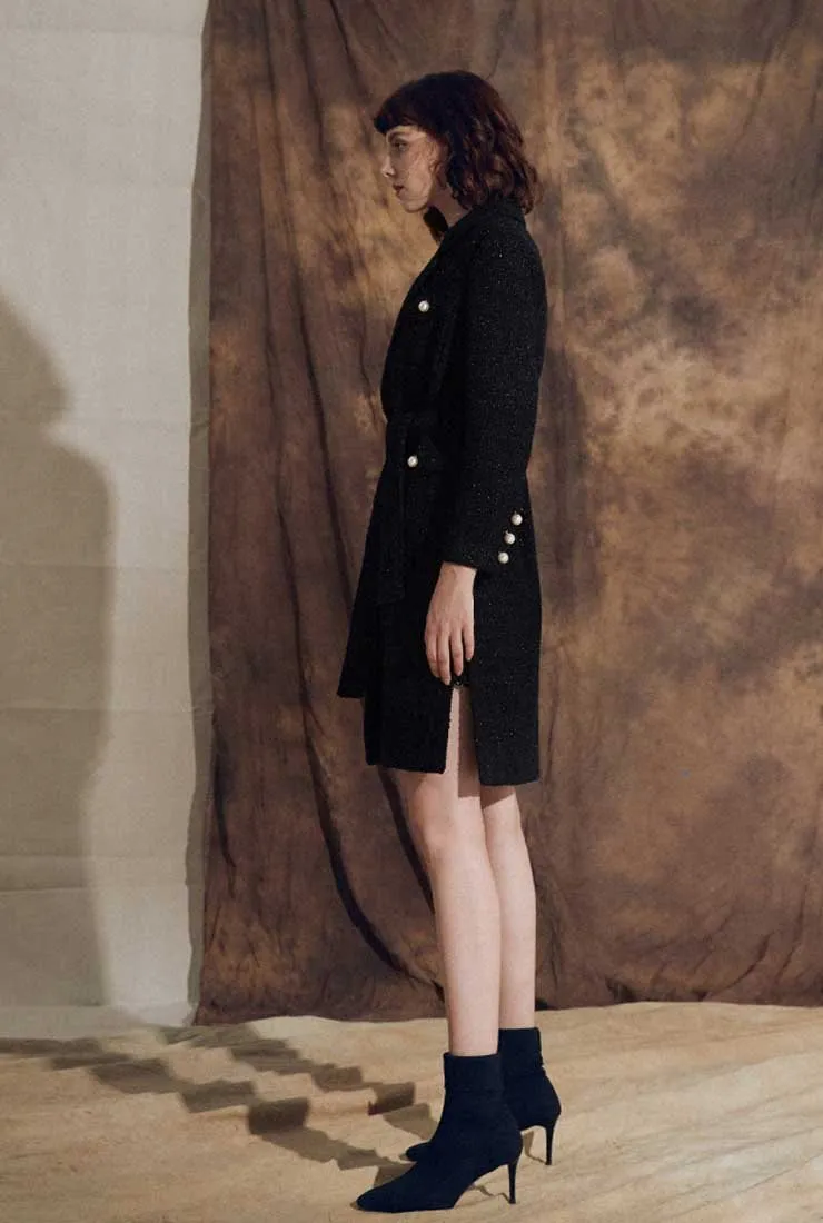 Classic Mid-length Tweed Black Coat