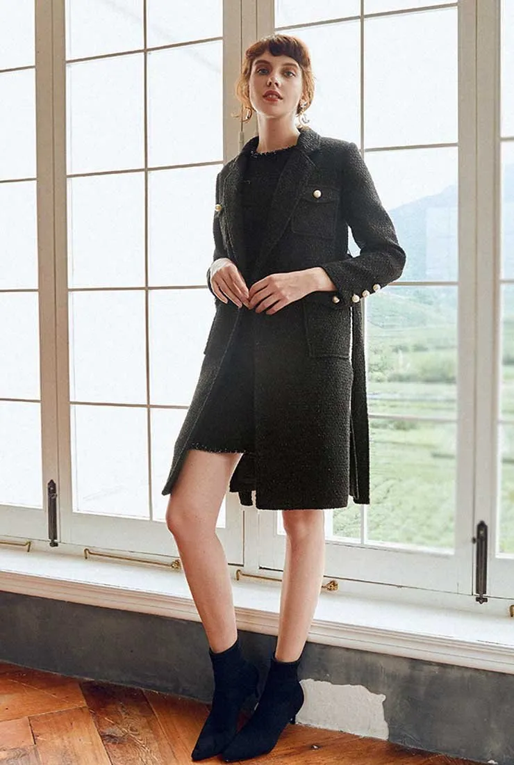 Classic Mid-length Tweed Black Coat
