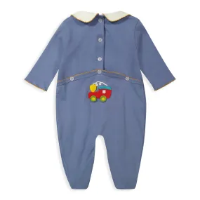Crochet Caboose Collared Pima Footie -- Steel Blue w/ Train
