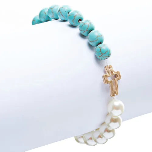 Cross Jewelry Attractive Stone Cross Stretch Link Bracelet B493 Multi