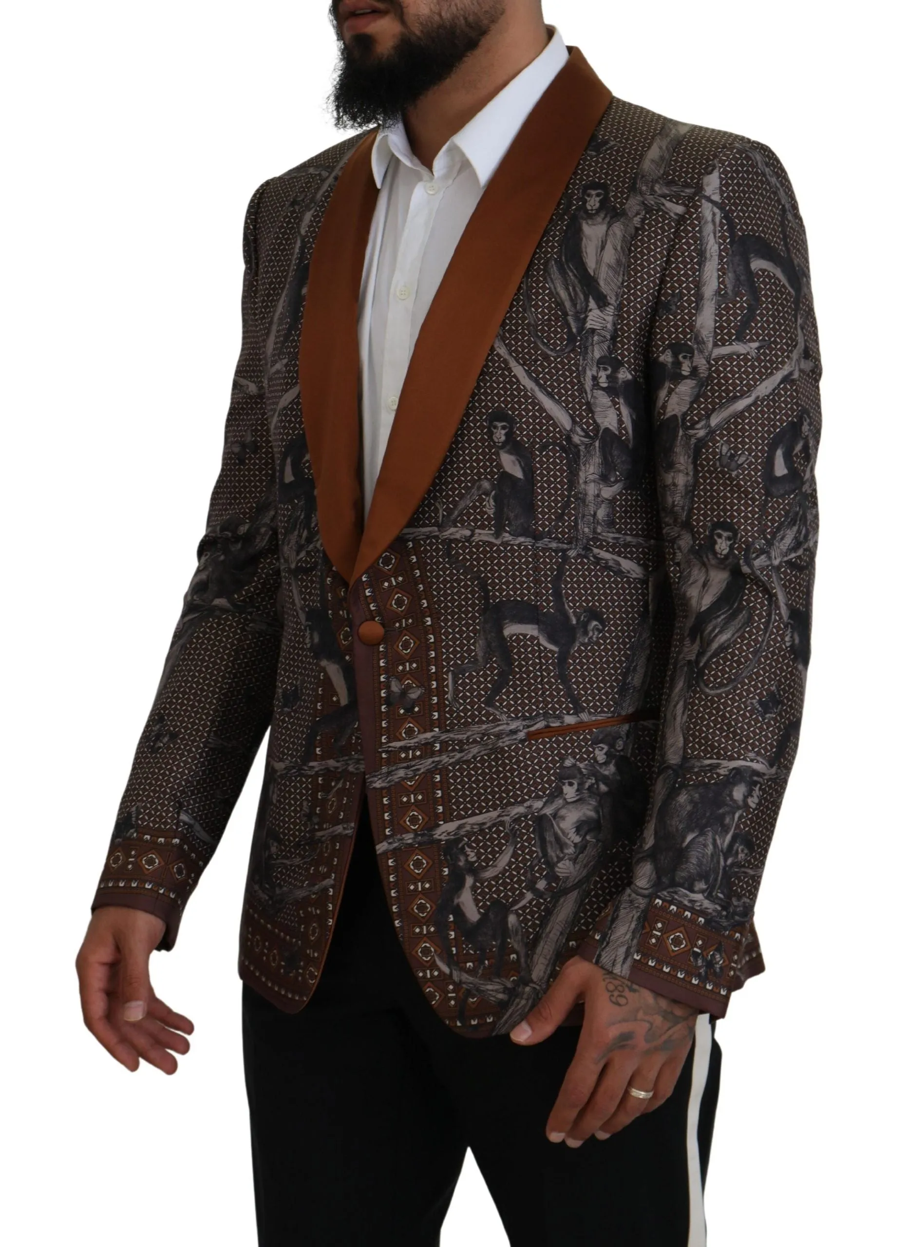 Dolce & Gabbana Elegant Bronze Brown Monkey Print Silk Blazer