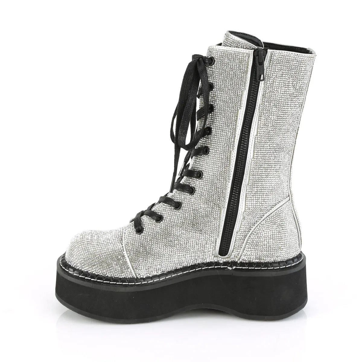 EMILY-362 DemoniaCult Silver Vegan Leather-Rhinstone Sexy Women's Mid-Calf & Knee High Boots (Alternative Footwear)