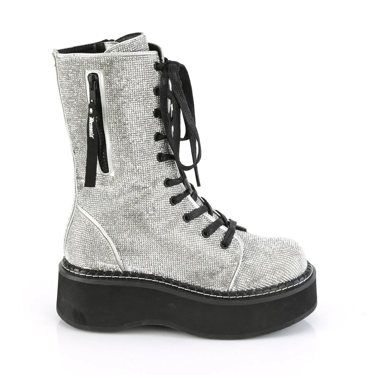 EMILY-362 DemoniaCult Silver Vegan Leather-Rhinstone Sexy Women's Mid-Calf & Knee High Boots (Alternative Footwear)