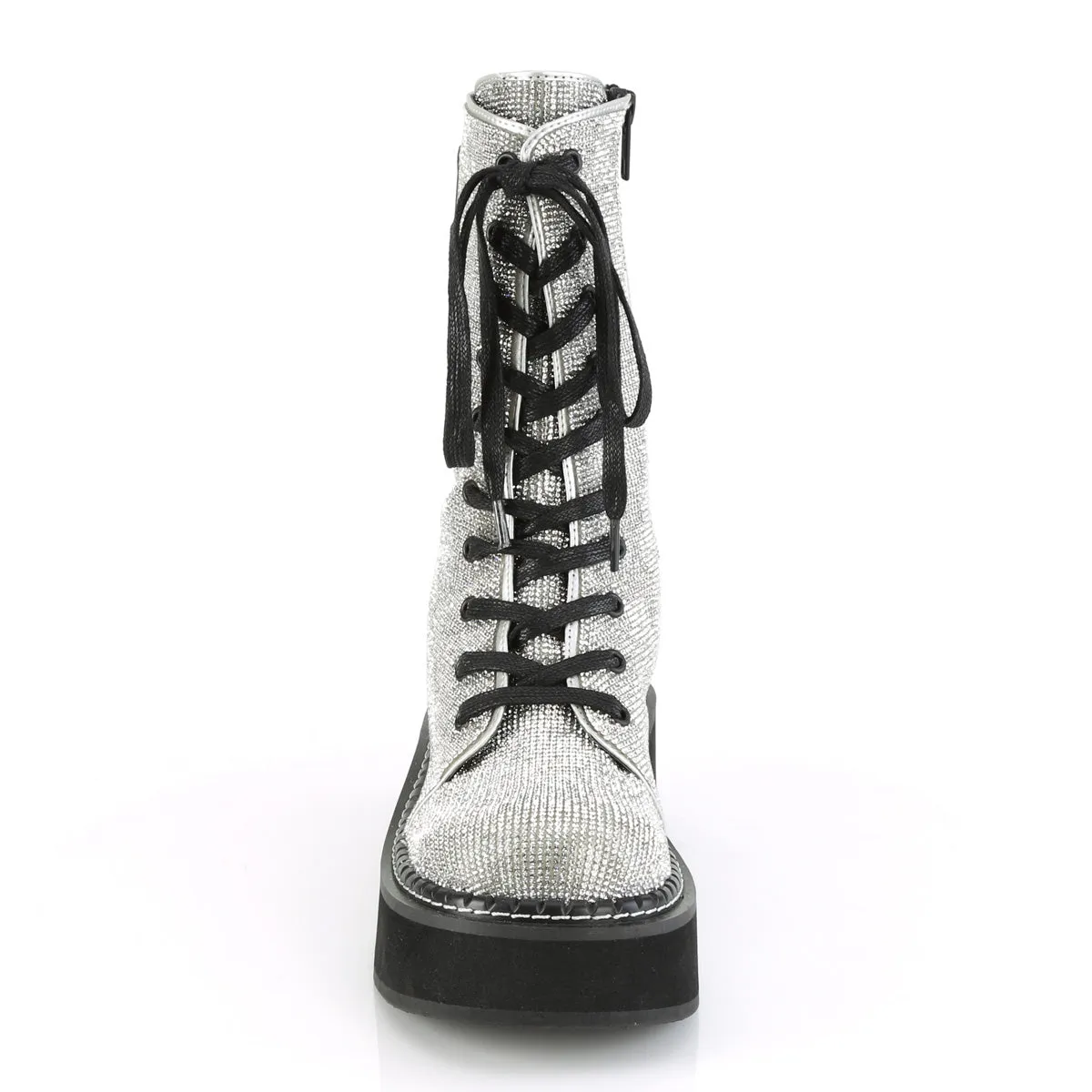EMILY-362 DemoniaCult Silver Vegan Leather-Rhinstone Sexy Women's Mid-Calf & Knee High Boots (Alternative Footwear)