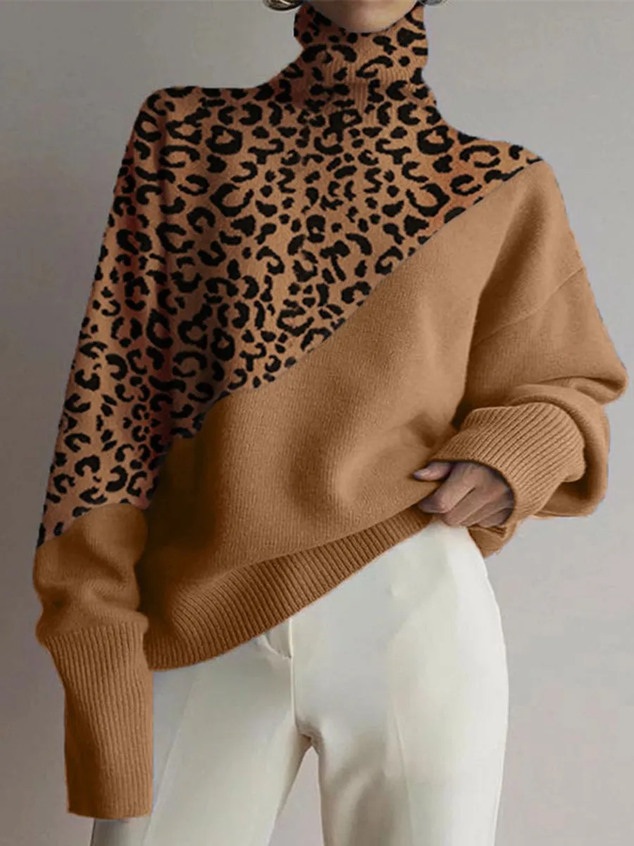 Fashion High Collar Leopard Stitching Loose Sweater