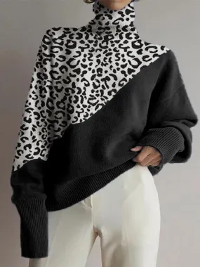 Fashion High Collar Leopard Stitching Loose Sweater