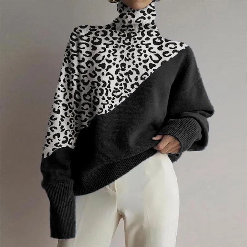 Fashion High Collar Leopard Stitching Loose Sweater