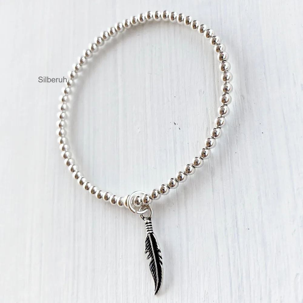 Feather Stretchable Charm Silver Bracelet