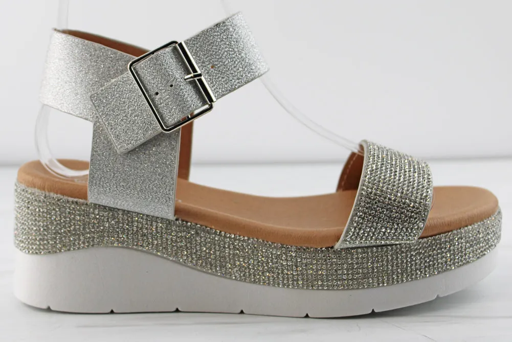 First 53 Women's Buckle Embellished Rhinestone Platform Sandals