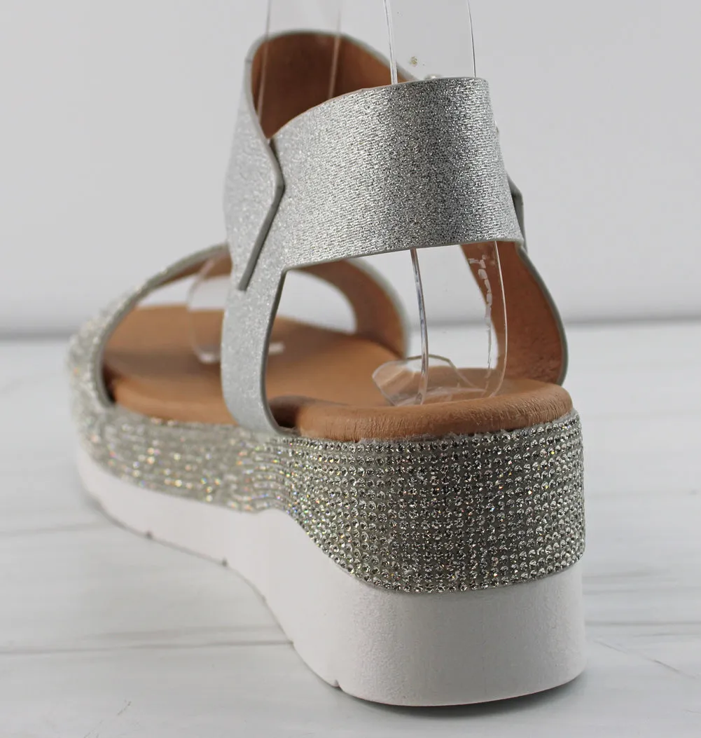 First 53 Women's Buckle Embellished Rhinestone Platform Sandals