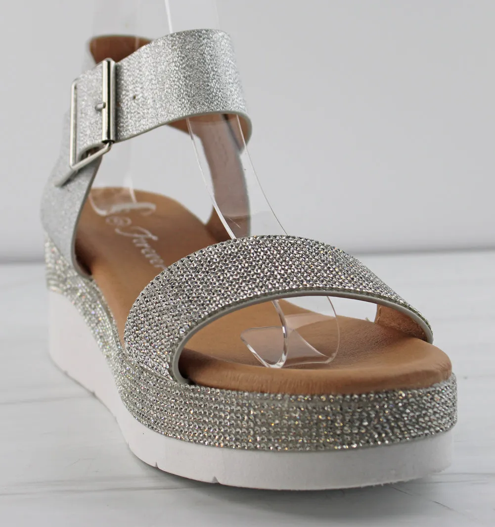 First 53 Women's Buckle Embellished Rhinestone Platform Sandals