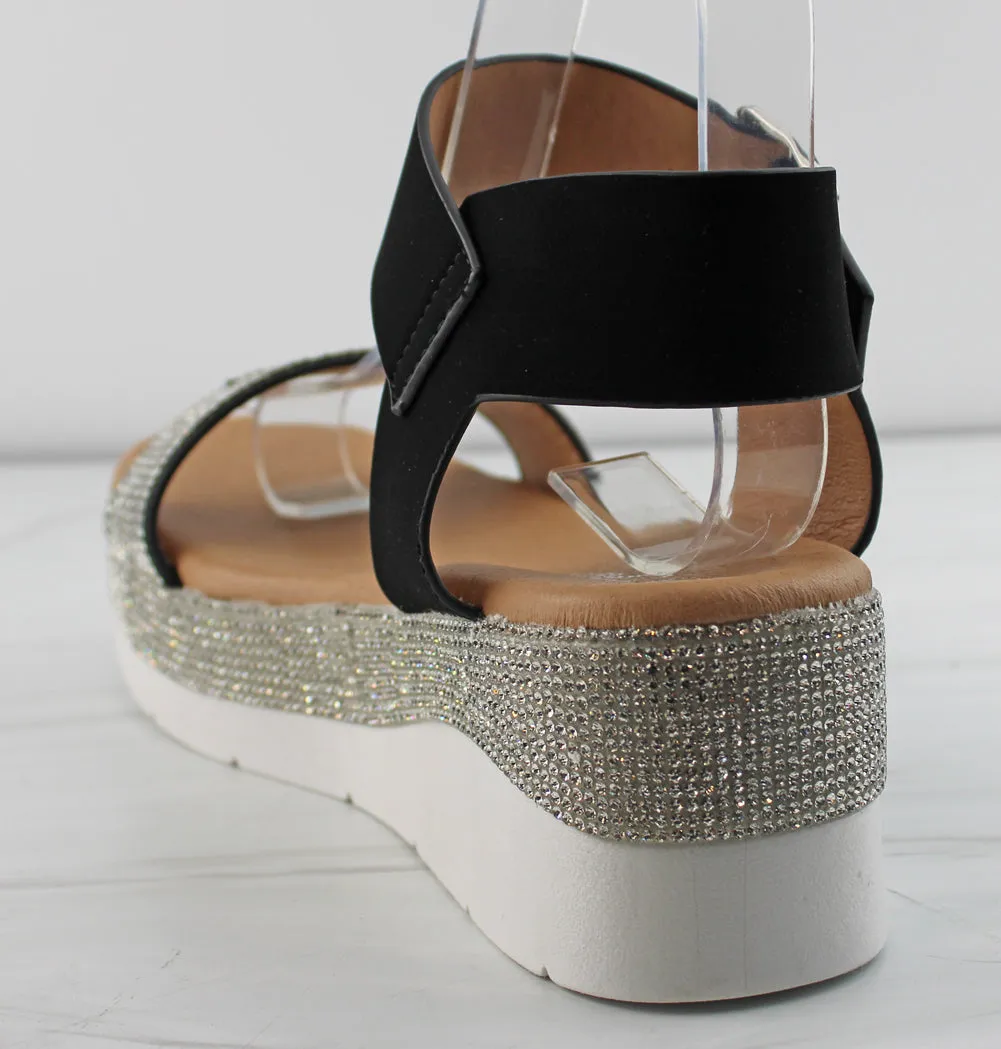 First 53 Women's Buckle Embellished Rhinestone Platform Sandals