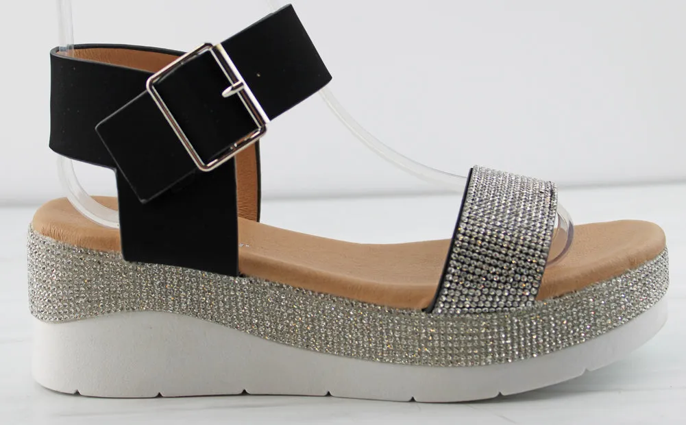 First 53 Women's Buckle Embellished Rhinestone Platform Sandals