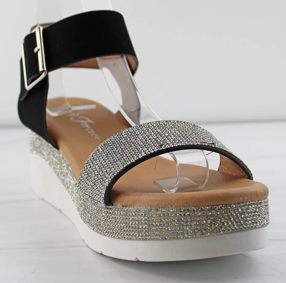 First 53 Women's Buckle Embellished Rhinestone Platform Sandals