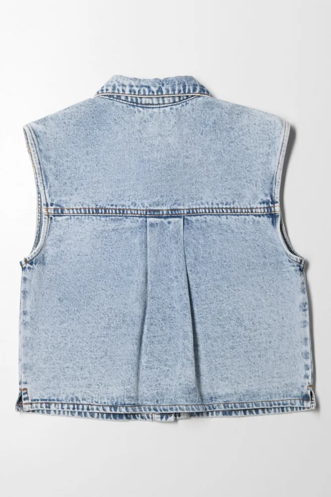 Front Patch Pocket Sleeveless Shirt Blue