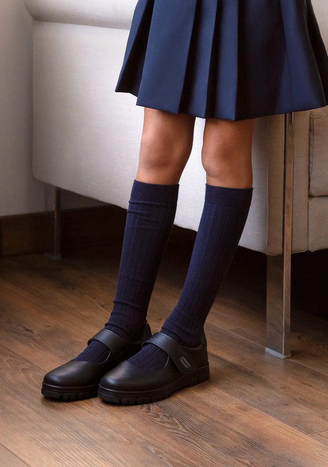 Girl's Navy Lug Sole Washable Leather School Shoes