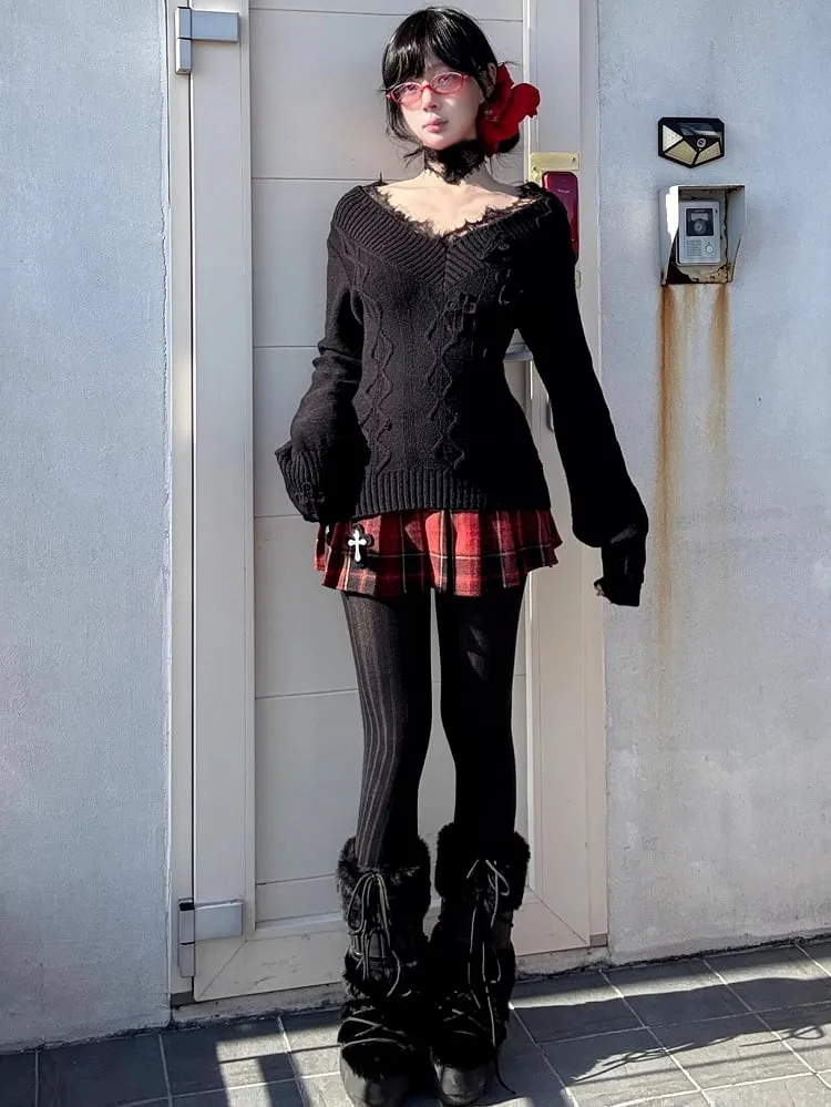 Gothic Red Cross Charms Plaid Woolen Pleated Mini Skirt