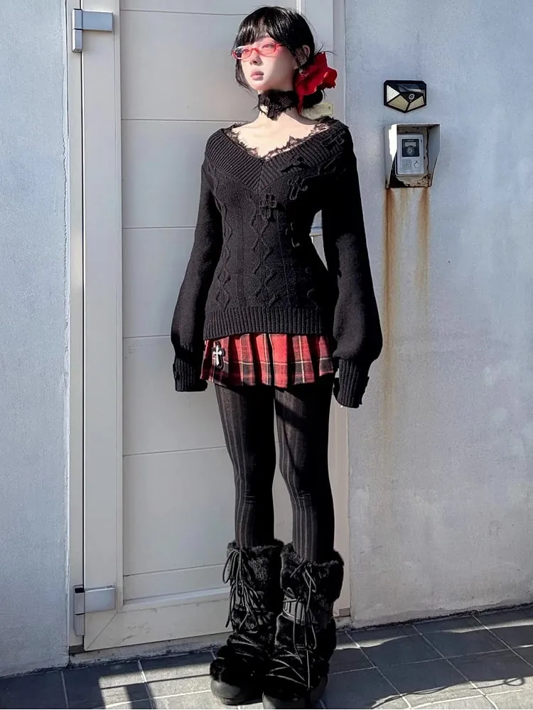 Gothic Red Cross Charms Plaid Woolen Pleated Mini Skirt