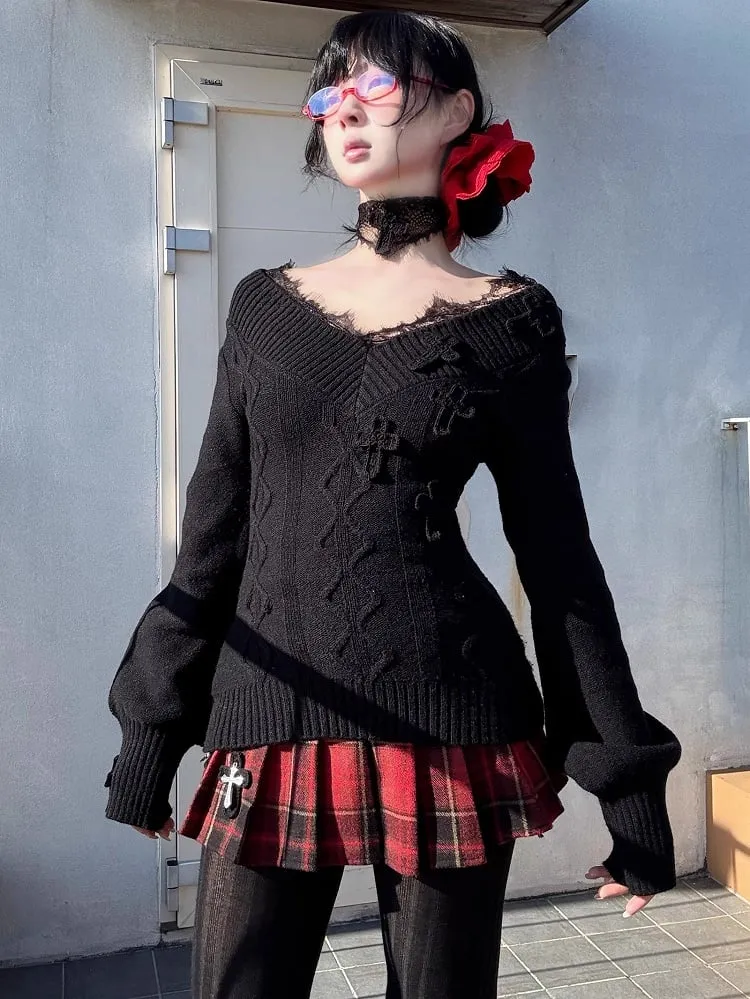 Gothic Red Cross Charms Plaid Woolen Pleated Mini Skirt