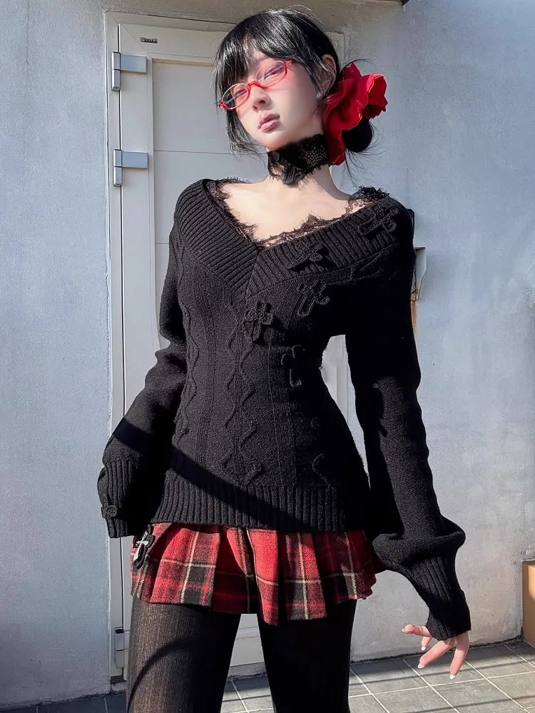Gothic Red Cross Charms Plaid Woolen Pleated Mini Skirt