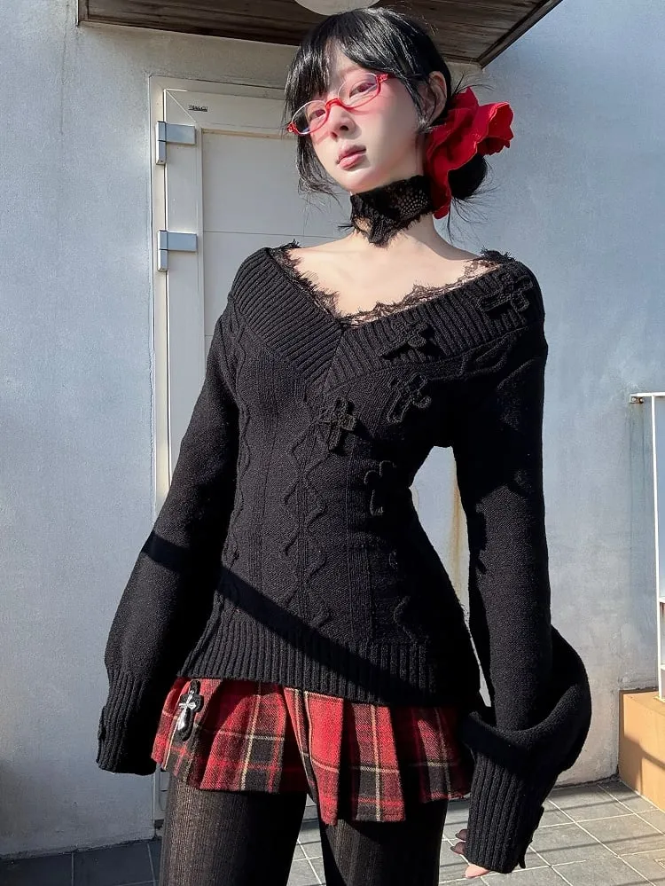 Gothic Red Cross Charms Plaid Woolen Pleated Mini Skirt