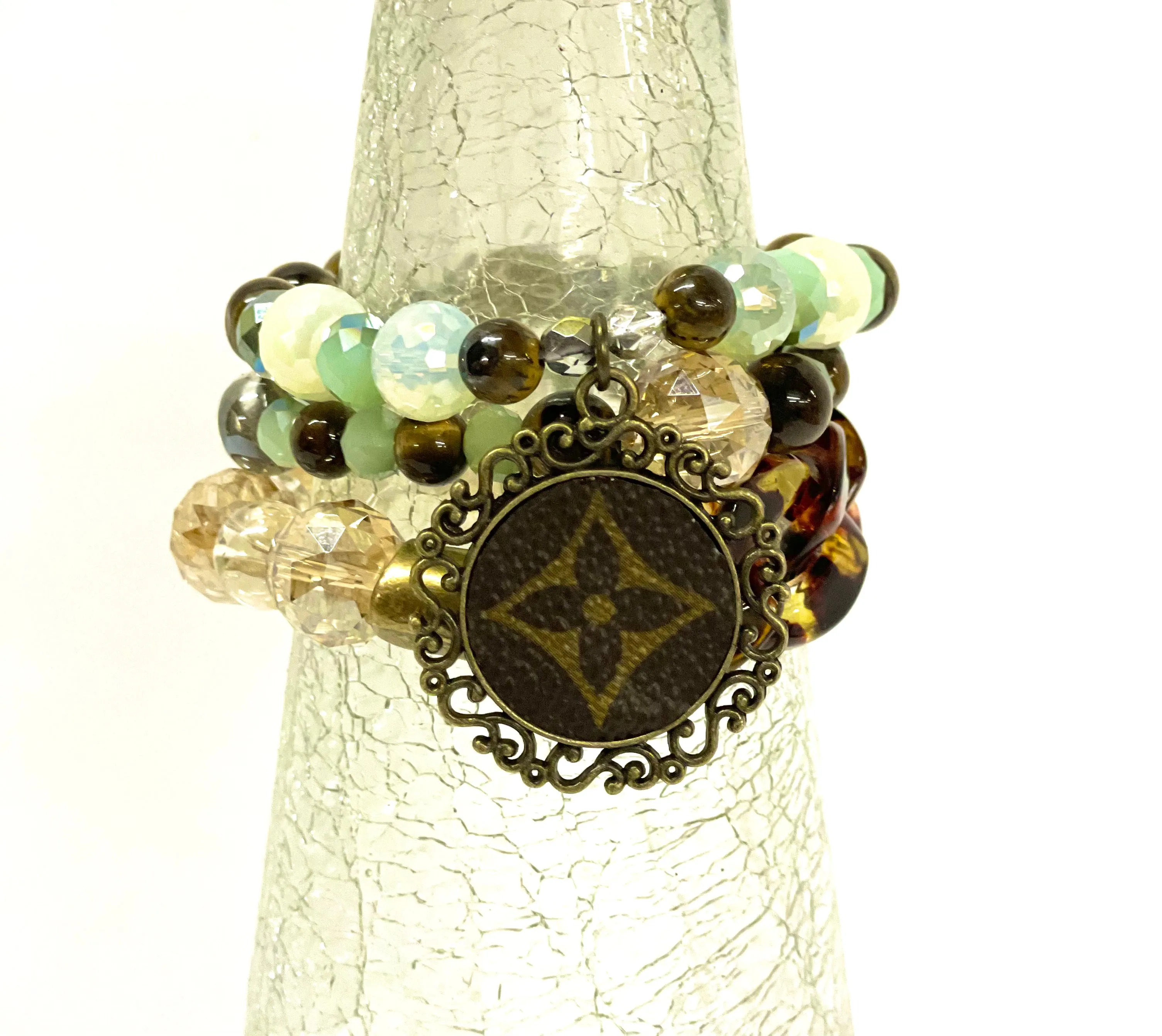 Hand beaded bracelet set “sea glass” with antique scroll pendant