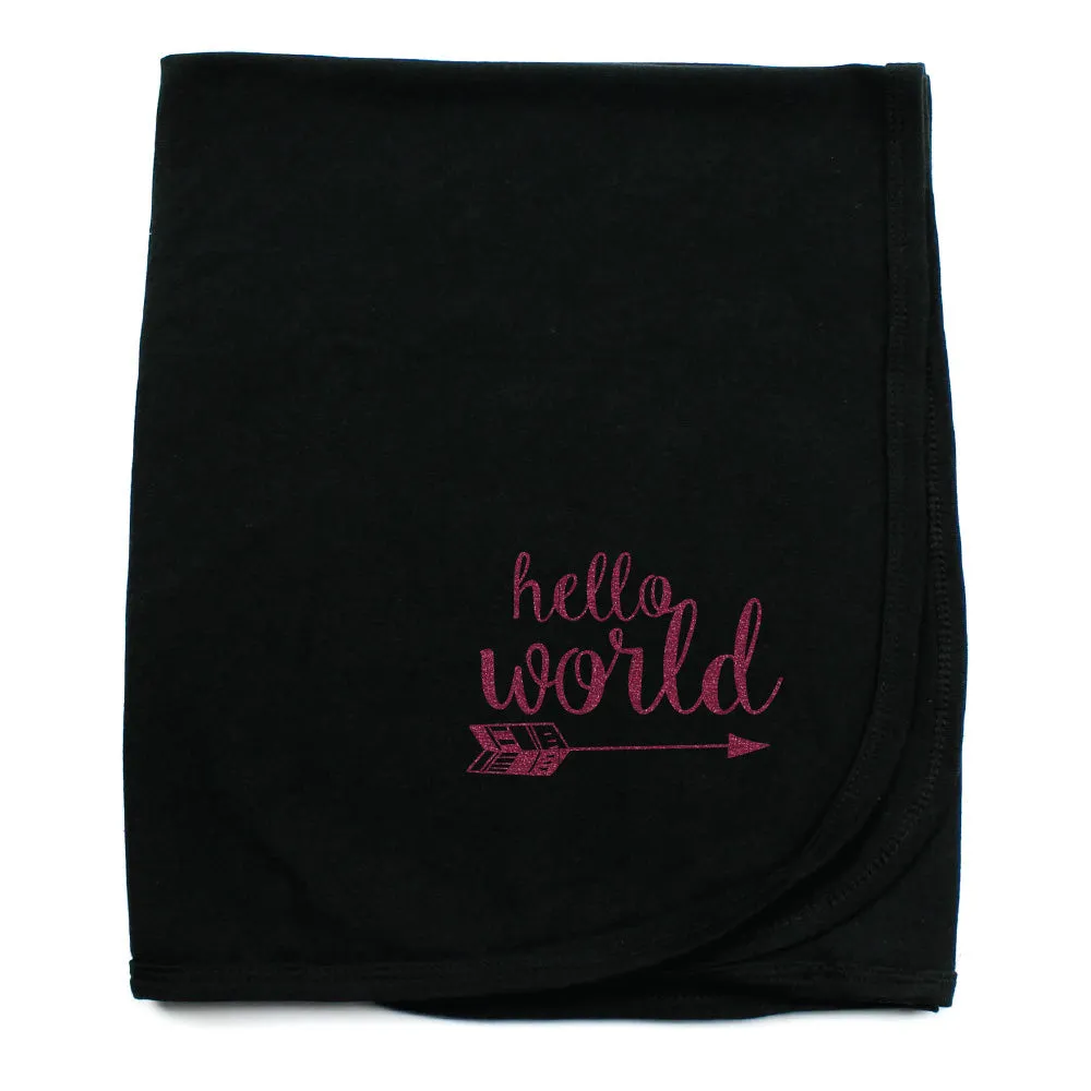 Hello World Soft Cotton Swaddling Receiving Blanket, Black