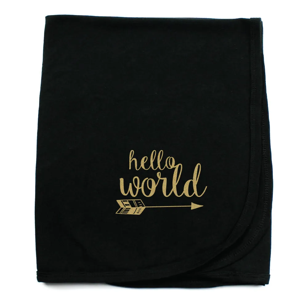 Hello World Soft Cotton Swaddling Receiving Blanket, Black