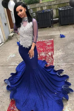 High Collar Long Mermaid Lace Prom Dresses