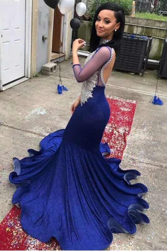 High Collar Long Mermaid Lace Prom Dresses