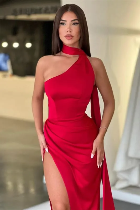 High Collar Red Mermaid Slit Prom Dress With Ruffles