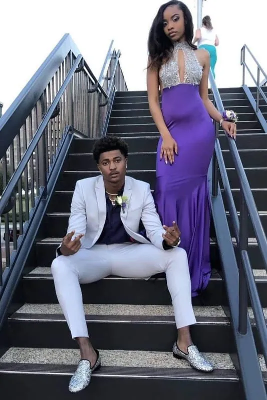 High Collar Sleeveless Floor Length Open Back Prom Dresses