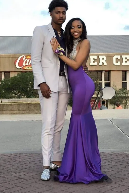 High Collar Sleeveless Floor Length Open Back Prom Dresses