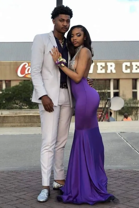High Collar Sleeveless Floor Length Open Back Prom Dresses