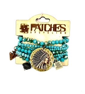 Indian Sea- Stacked Bracelet set- Antique/Brass Side Indian (aqua)