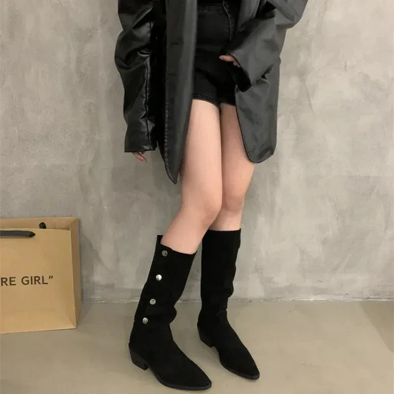 Joskaa 2024 New Woman Suede spring Sexy Thick-heeled Women's Boots Riding Botas Warmth Non-slip High Boots Shoes Buckle Boots of Women