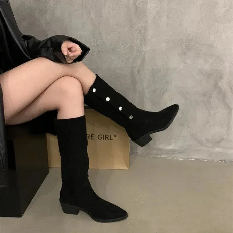 Joskaa 2024 New Woman Suede spring Sexy Thick-heeled Women's Boots Riding Botas Warmth Non-slip High Boots Shoes Buckle Boots of Women