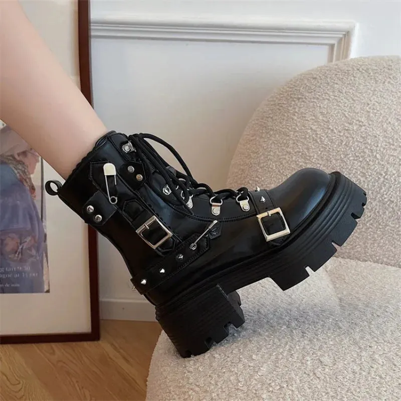 Joskaa New Gothic Style Platform Women Mid-calf Boots 2024 Winter Wedges Comfy Women Motorcycle Boots Shoes