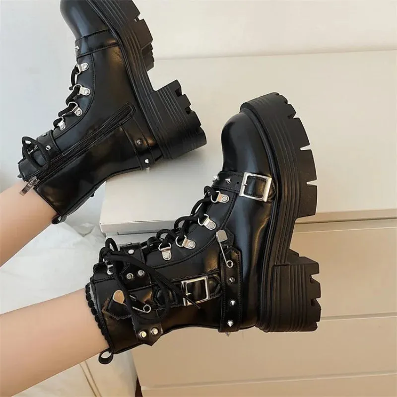 Joskaa New Gothic Style Platform Women Mid-calf Boots 2024 Winter Wedges Comfy Women Motorcycle Boots Shoes
