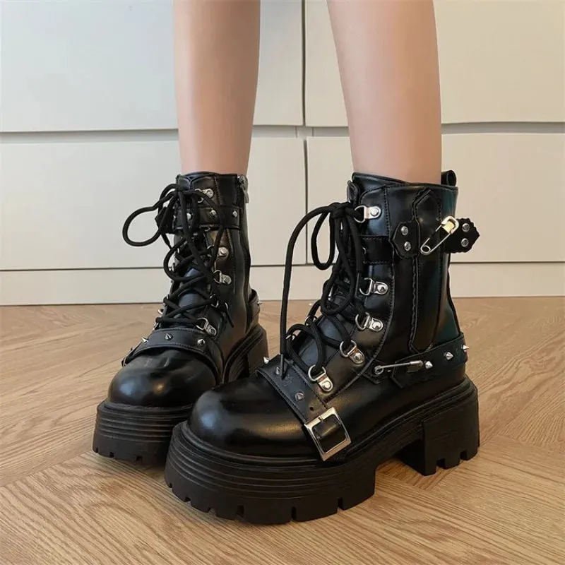 Joskaa New Gothic Style Platform Women Mid-calf Boots 2024 Winter Wedges Comfy Women Motorcycle Boots Shoes