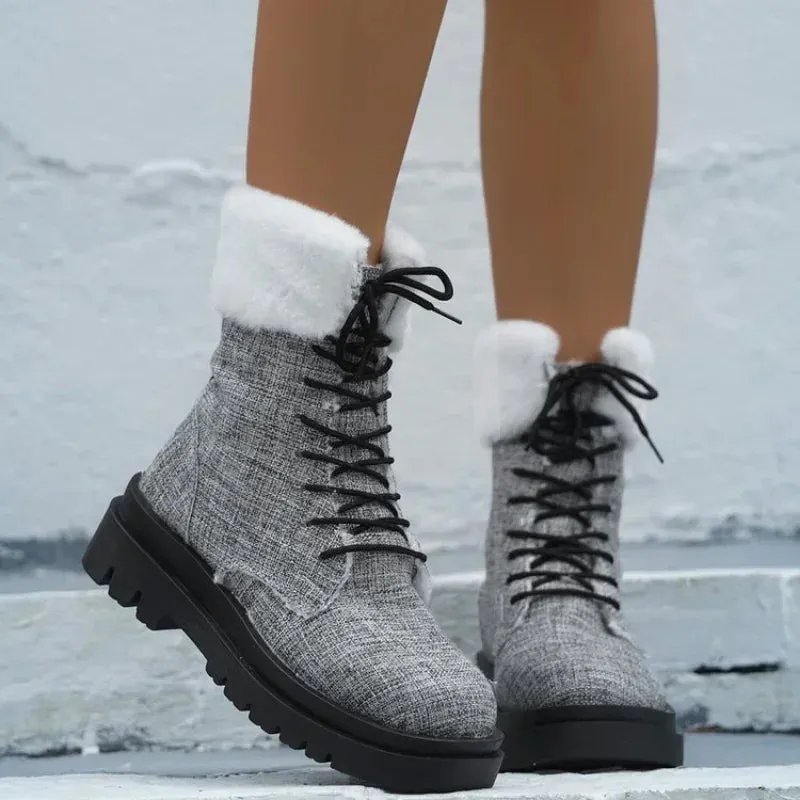 Joskaa Women's Boots 2024 Winter Boots With Fur Low Heels Snow Boots Ankle Bota Feminina Platform Booties For Women Winter Shoes Heeled
