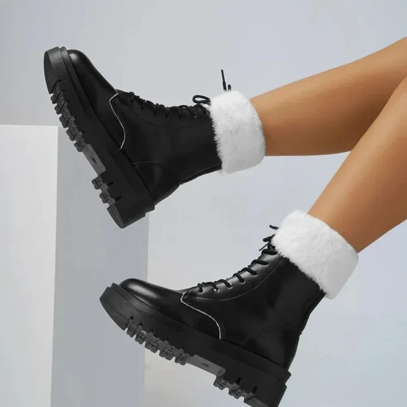 Joskaa Women's Boots 2024 Winter Boots With Fur Low Heels Snow Boots Ankle Bota Feminina Platform Booties For Women Winter Shoes Heeled