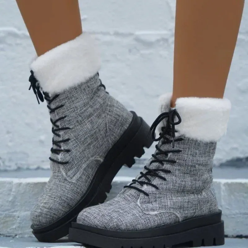 Joskaa Women's Boots 2024 Winter Boots With Fur Low Heels Snow Boots Ankle Bota Feminina Platform Booties For Women Winter Shoes Heeled