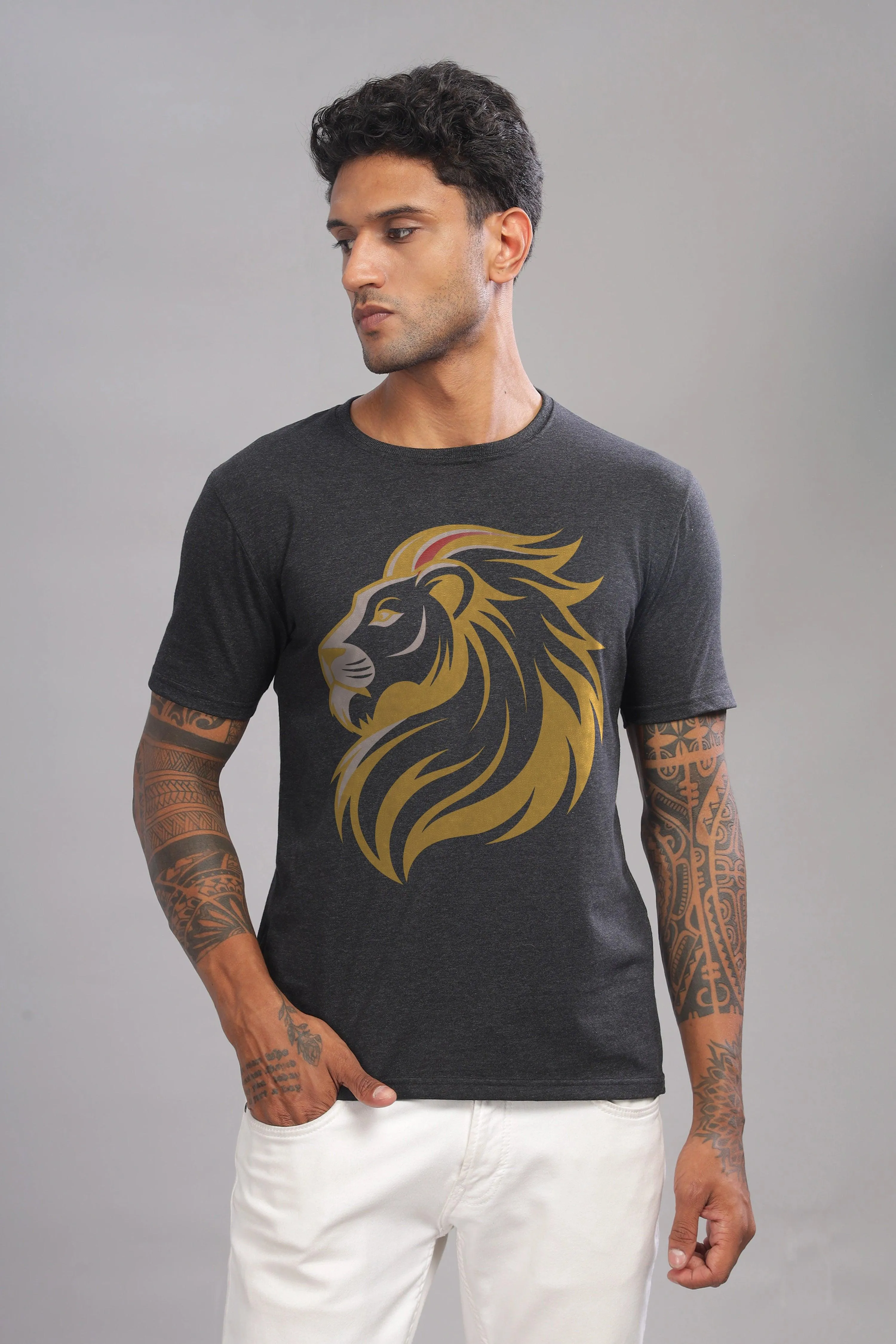Lucky Leo Charcoal Half Sleeve Printed Round Neck T-Shirt