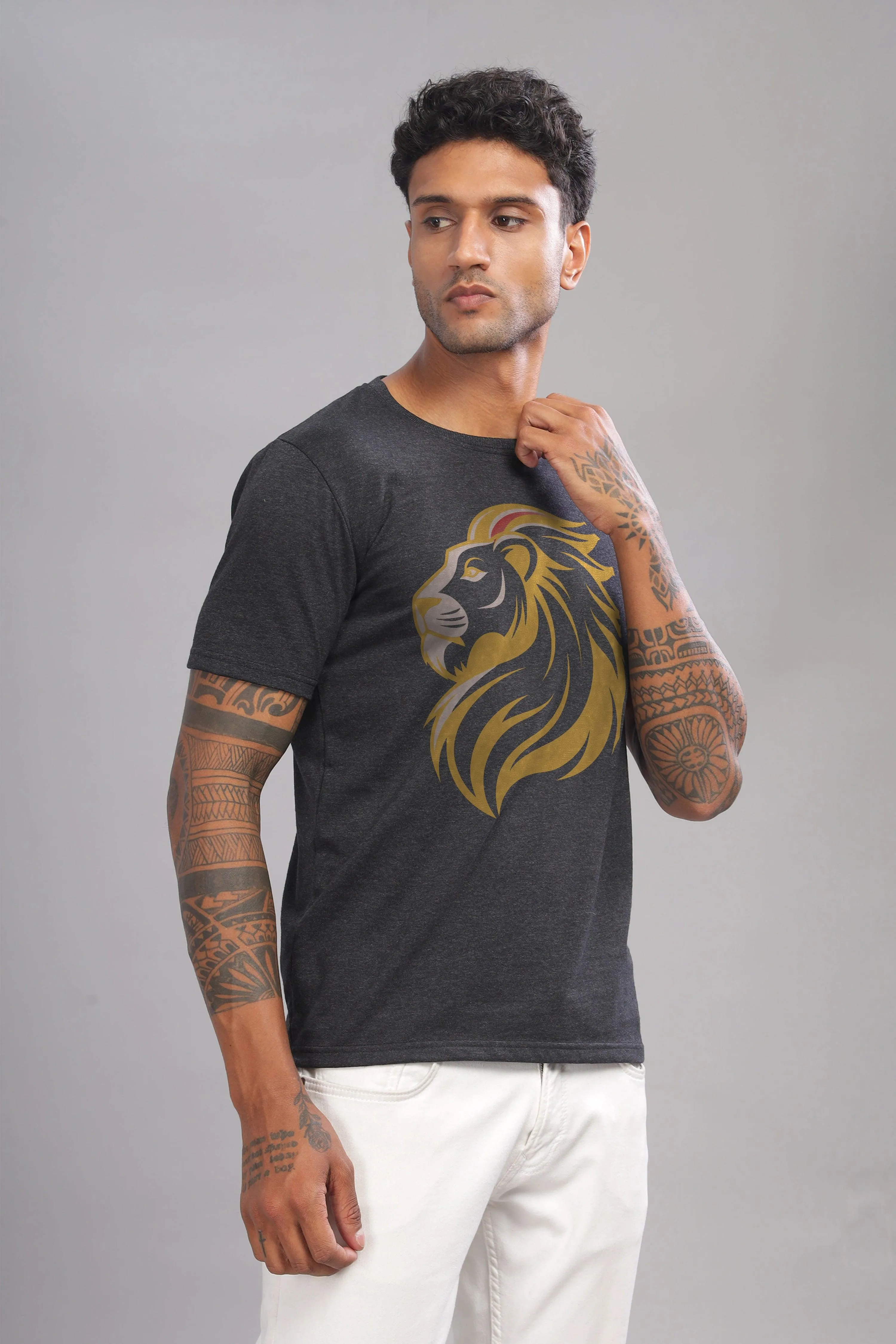 Lucky Leo Charcoal Half Sleeve Printed Round Neck T-Shirt