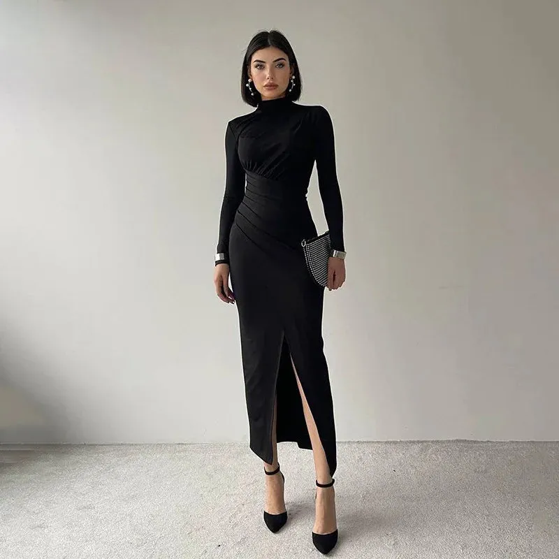 Medium-high collar slim-fit long-sleeved dress