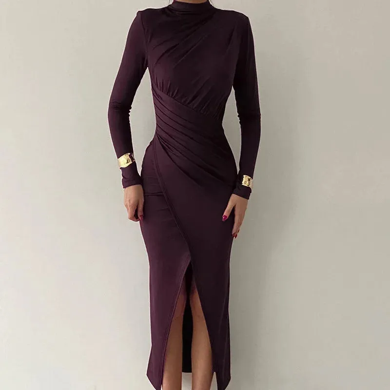 Medium-high collar slim-fit long-sleeved dress