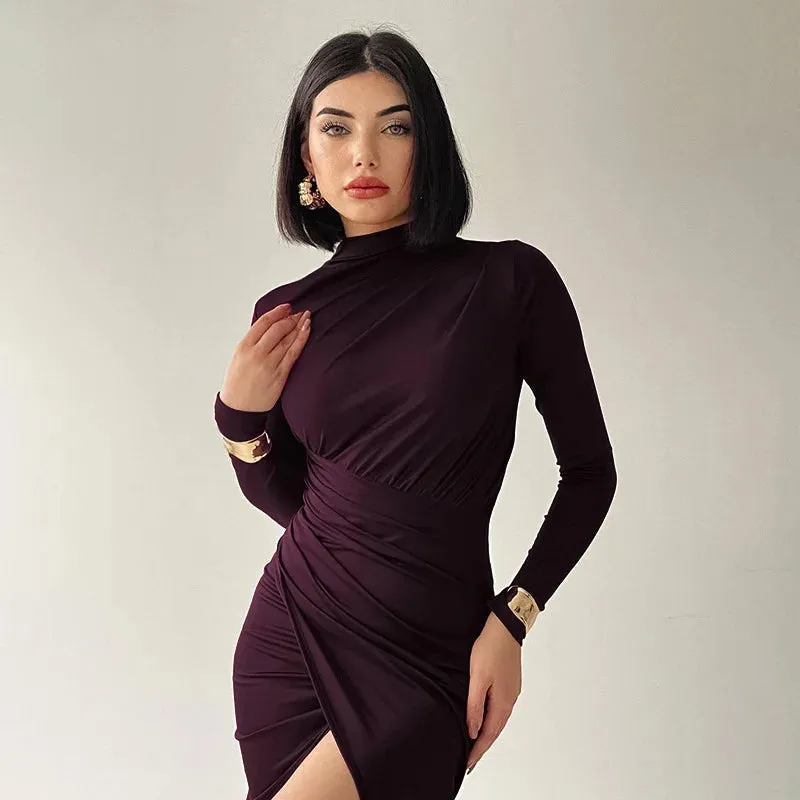 Medium-high collar slim-fit long-sleeved dress